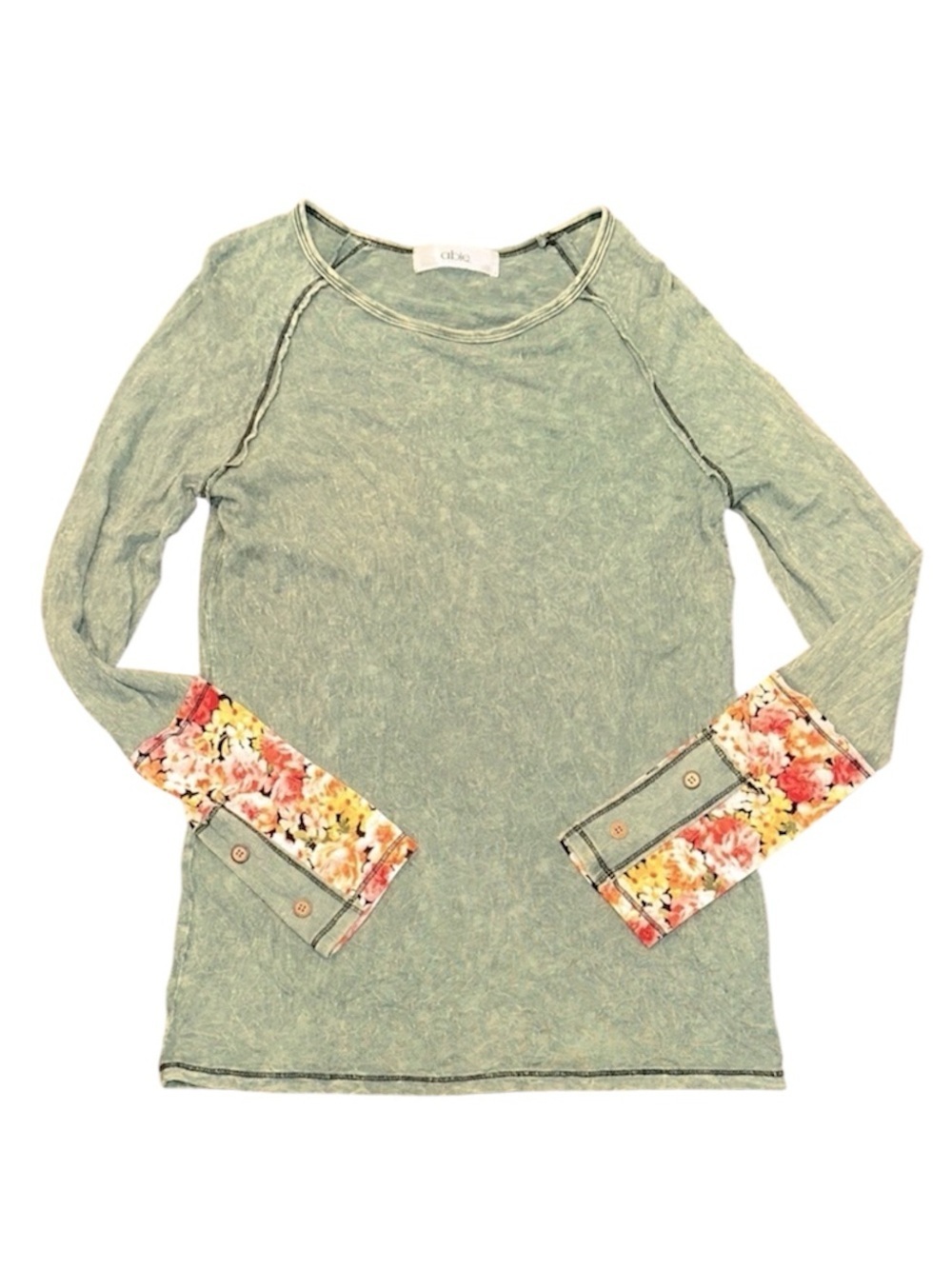 ABLE Green Long Sleeve knit Top with Floral Cuffs size medium boho